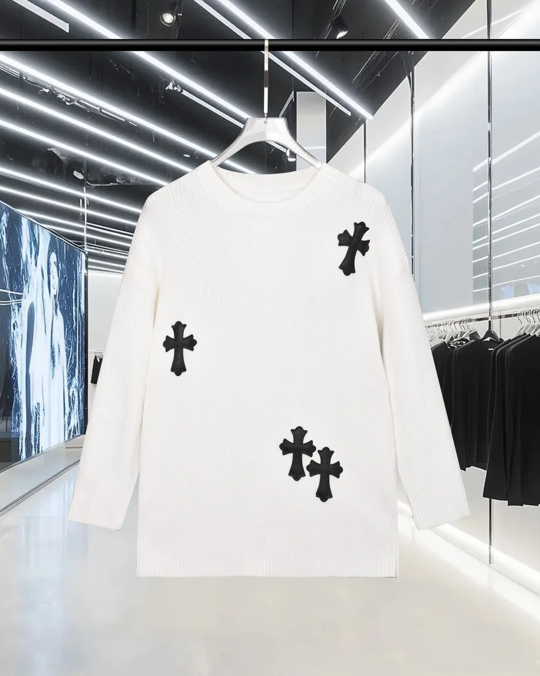 P270 Chrome Hearts/Cro Heart OS Loose Fit 2025fw Autumn and Winter New Style Classic Customized Leather Cross 🪡logo Round Neck Long Sleeve Off Shoulder Sweater Wool Sweater Imported Wool Blended Fabric Exquisitely Upgraded, Inspired by the 1980s Retro Original Fabric Official Same Style Round Neck Long Sleeve Suit Customized Mesh Sweater Thick Knitted Fabric Feels Very Comfortable Latest Brick Cabinet Synchronization for Spring and Summer Fashionable and Individual Super Versatile and Good-looking Style Very Suitable for Men and Women A must-have for everyone, hang tag, collar label, washed wheat, three labels complete. Color: black. white. Size: M-3XL